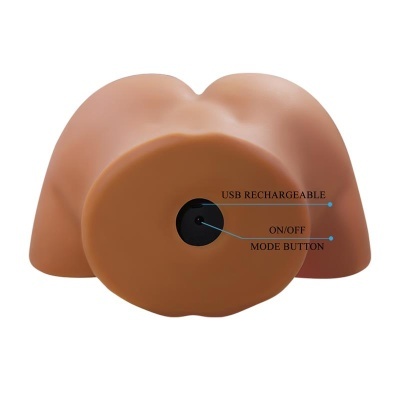 Produto em silicone castanho com botão preto e texto USB RECHARGEABLE, ON/OFF, MODE BUTTON