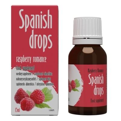 Frasco de suplemento alimentar Spanish drops Raspberry romance com embalagem vermelha e framboesas