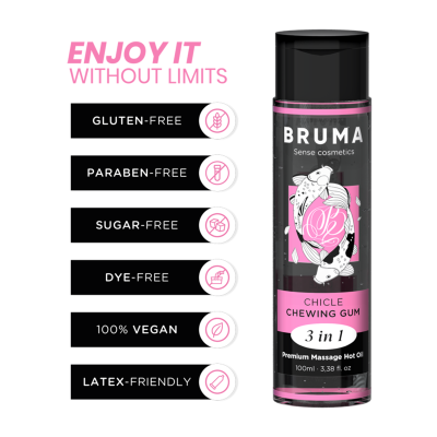 Frasco preto e rosa de óleo de massagem Bruma com ilustração de peixes e texto de características do produto