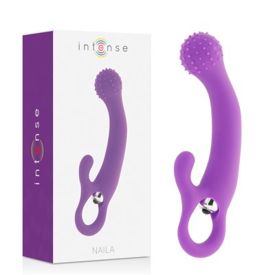 Vibrador roxo em silicone com anel metálico ao lado de embalagem branca e lilás