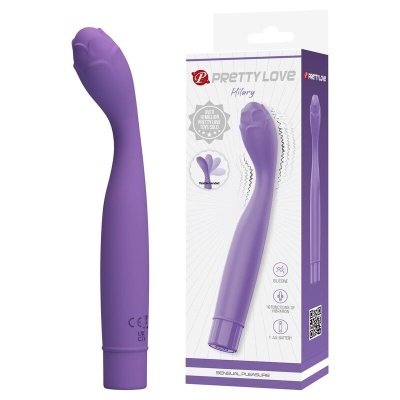 Vibrador roxo de silicone com embalagem da marca Pretty Love