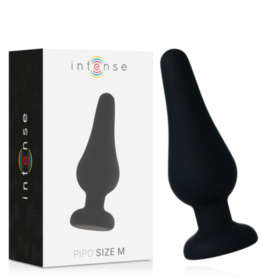 Plug anal preto de silicone com embalagem branca e preta com texto Intense PIPO SIZE M