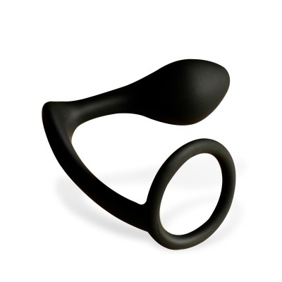 Dispositivo sexual preto em silicone com anel e haste curvada