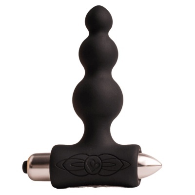 Plug anal preto em silicone com dispositivo metálico prateado