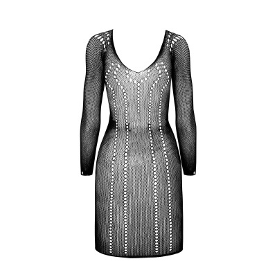 Vestido de malha preto transparente com padrão de pontos e riscas verticais.