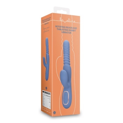 Embalagem laranja com vibrador tipo coelho azul e texto em inglês