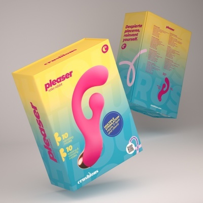 Embalagens do produto pleaser roller rabbit com cores amarelo e azul e imagem de vibrador rosa