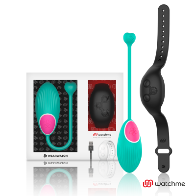 Dispositivo wearable turquesa e rosa com bracelete preto, cabo USB e caixa branca com logo watchme