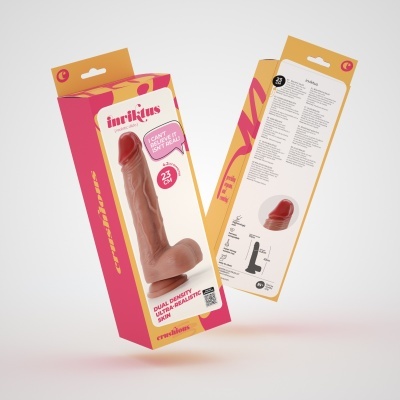 Embalagem de dildo realístico cor de pele na caixa com cores rosa e amarelo