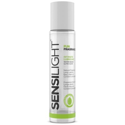 Frasco transparente de lubrificante íntimo SENSILIGHT com tampa branca e texto preto e verde
