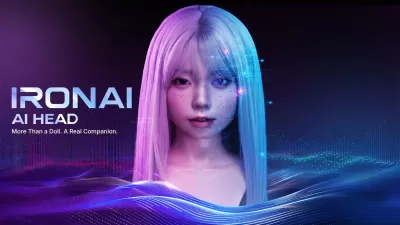 Cabeça androide feminina com cabelos roxo e azul e detalhes digitais luminosos no rosto