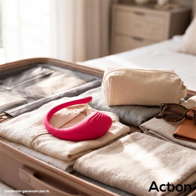 Mala de viagem aberta com roupas, necessaire bege, óculos de sol e dispositivo rosa de silicone