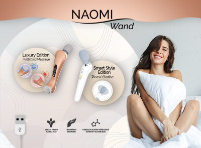 Produto NAOMI Wand em duas versões e mulher sentada na cama segurando almofada branca