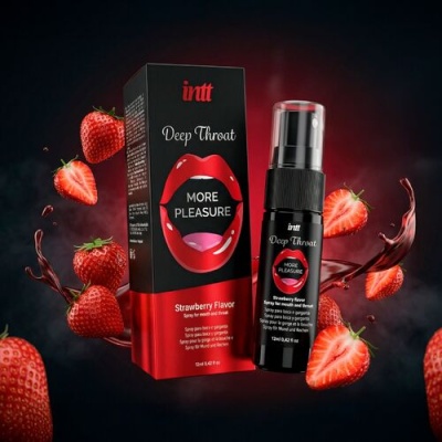 Spray sabor morango intt Deep Throat com embalagem preta e vermelha e morangos frescos ao redor
