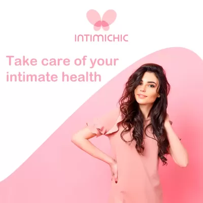 Promoção Intimichic para saúde íntima com mulher em vestido rosa