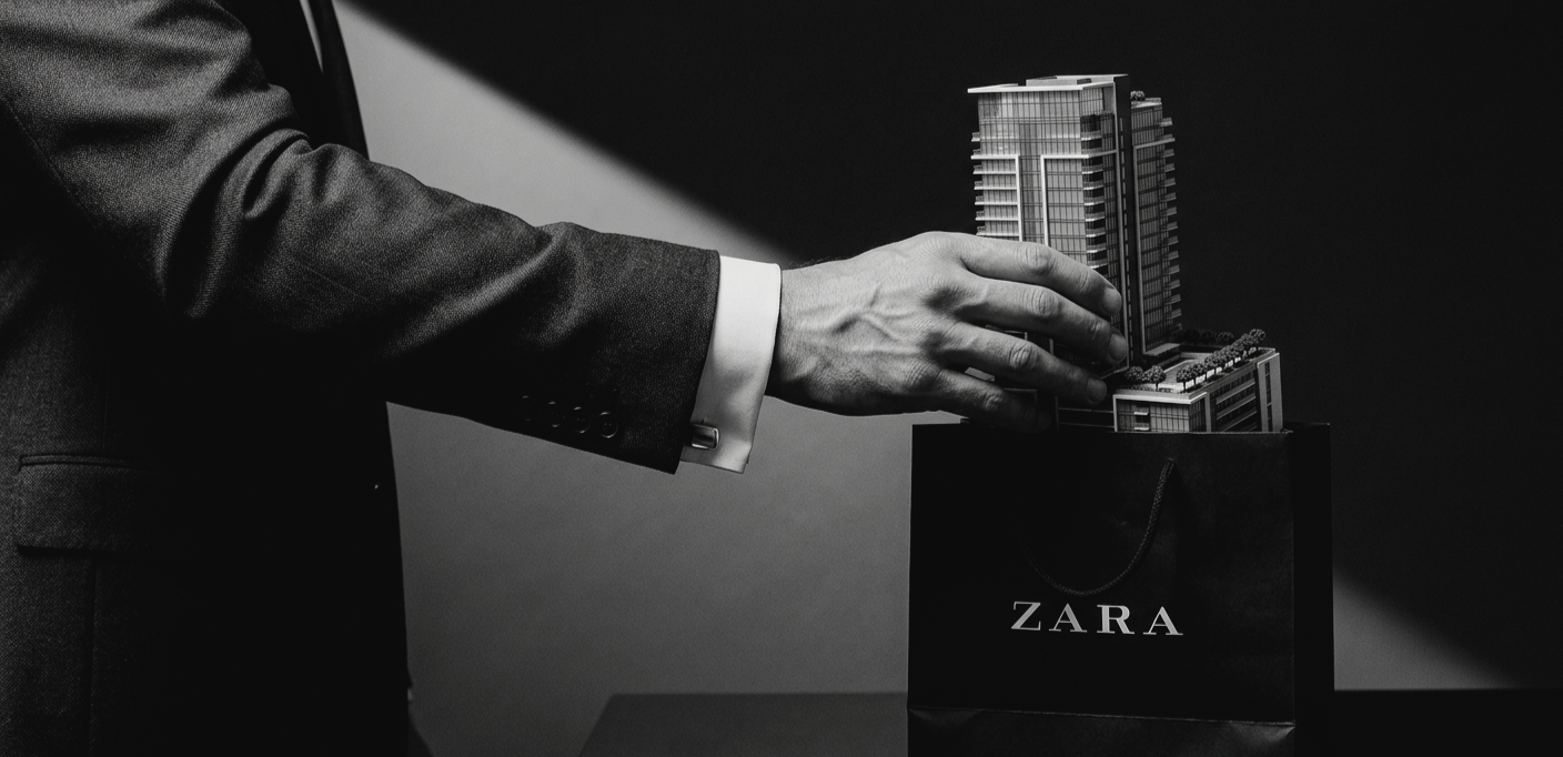 Fotografia conceptual em preto e branco: mão de um homem de negócios a tirar uma maquete de arranha-