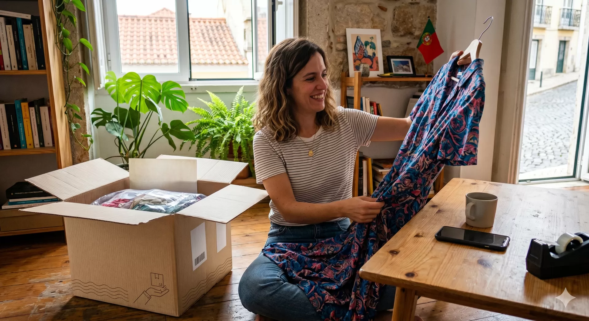 Mulher segurando vestido azul com padrão floral rosa dentro de casa ao lado de caixa de cartão aberta