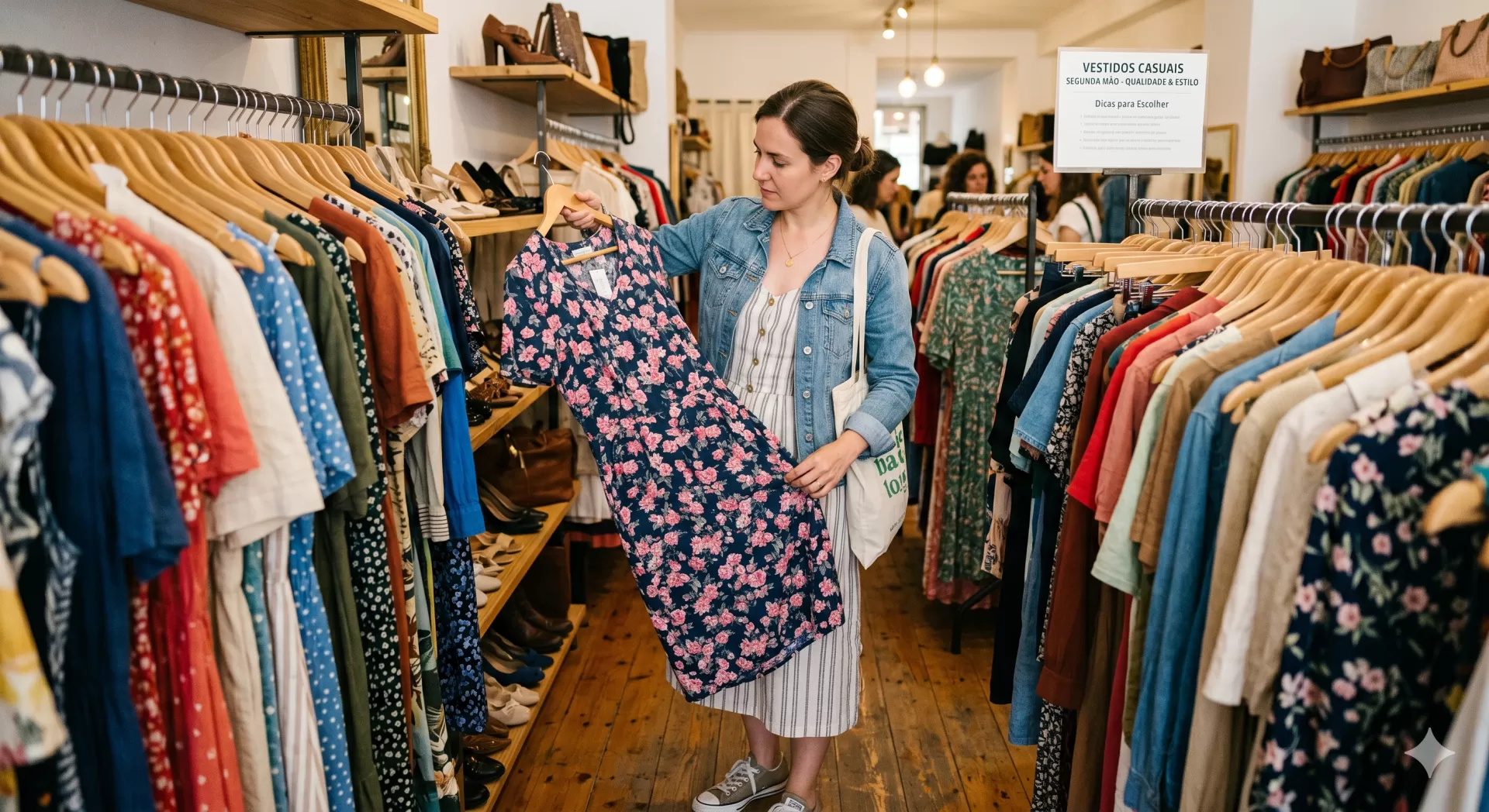 Mulher a segurar vestido floral em loja de roupas com várias peças penduradas.