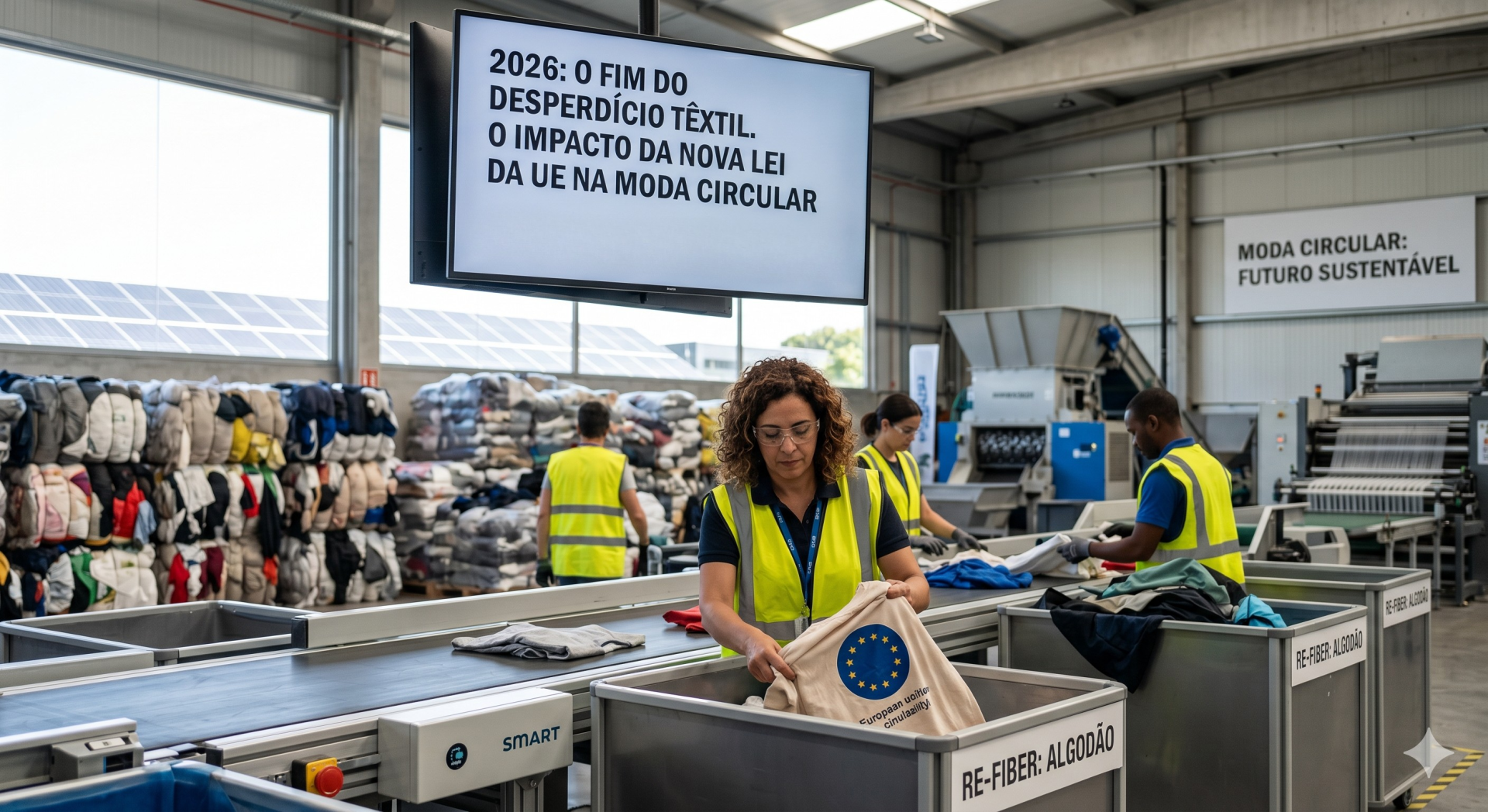 Trabalhadores a separar roupa em fábrica com texto sobre moda circular e desperdício têxtil