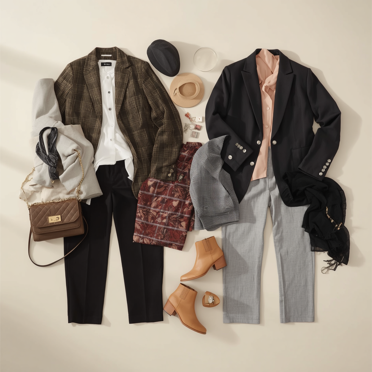 Duas combinações de roupas femininas com blazers, camisas, calças, botas castanhas, chapéus e acessórios em fundo claro.