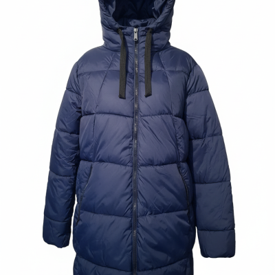 Casaco acolchoado azul escuro com capuz e fecho de correr