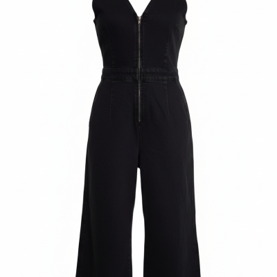 Macacão preto de tecido liso com fecho de correr frontal