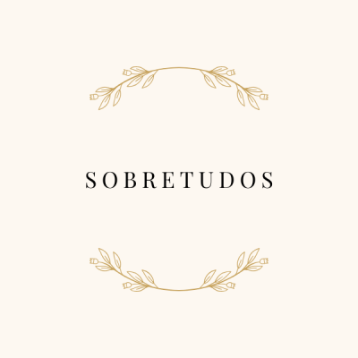 Texto SOBRETUDOS com ornamentos dourados sobre fundo bege claro