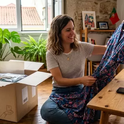 Mulher segurando vestido azul com padrão floral rosa dentro de casa ao lado de caixa de cartão aberta