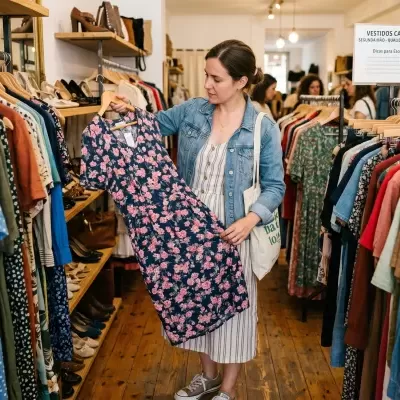 Mulher a segurar vestido floral em loja de roupas com várias peças penduradas.