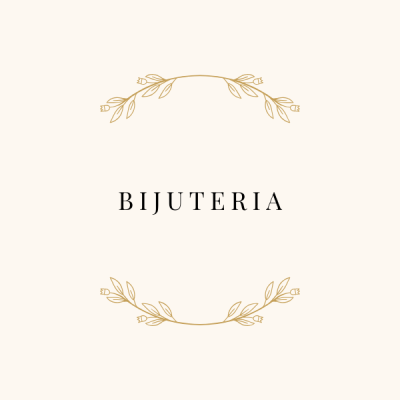 Fundo creme com texto preto BIJUTERIA e decoração dourada com folhas e flores