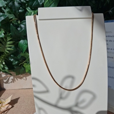 Colar dourado fino em suporte branco com plantas ao fundo
