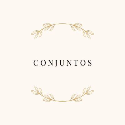 Etiqueta com a palavra CONJUNTOS e elementos florais dourados em fundo creme