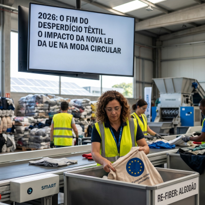 Trabalhadores a separar roupa em fábrica com texto sobre moda circular e desperdício têxtil