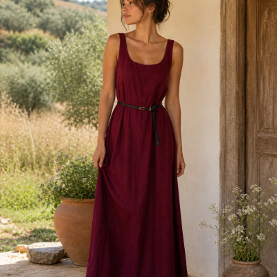 Vestido longo vinho com cinto preto e sandálias numa casa rústica
