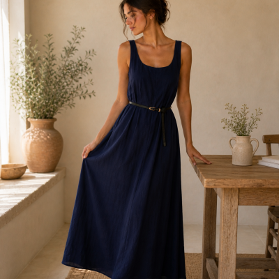 Mulher com vestido longo azul escuro e cinto preto em ambiente interior junto a mesa de madeira
