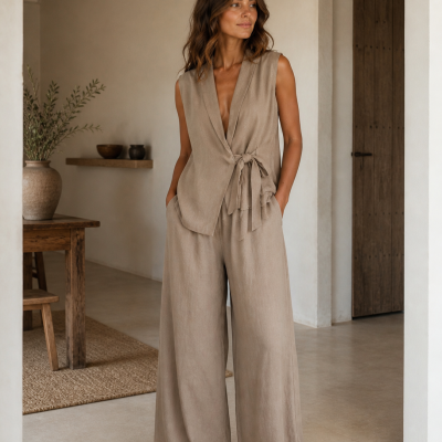 Conjunto feminino bege claro com colete sem mangas e calças largas em ambiente interior minimalista