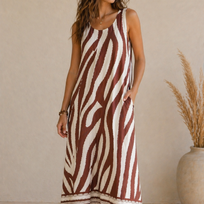 Vestido comprido sem mangas com padrão castanho e branco