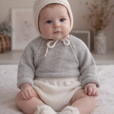 Bebé com roupa de malha cinzenta e branca num ambiente interior simples.