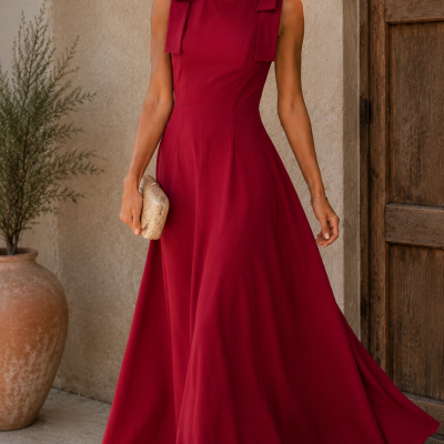 Mulher com vestido longo vermelho com laços nas alças, clutch dourada e sandálias douradas