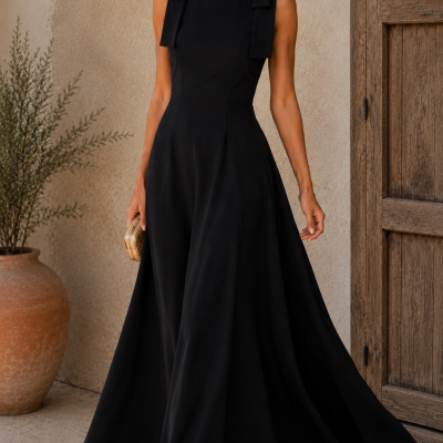 Mulher com vestido longo preto com laços nas alças e sandálias pretas de salto