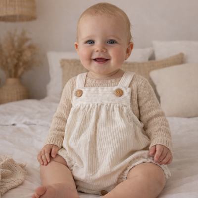 Bebé sorridente sentado com roupa bege clara e branca num quarto suave