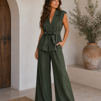Conjunto feminino verde caqui com colete e calças largas
