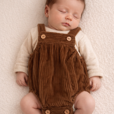 Bebé dormindo com macacão castanho e camisola creme num fundo creme texturado.