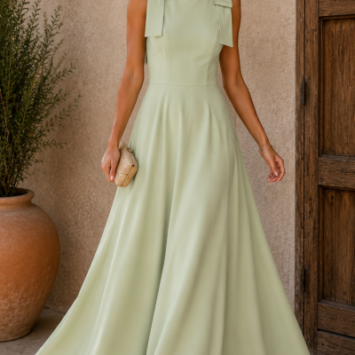 Vestido comprido verde claro com laços nos ombros e sandálias douradas