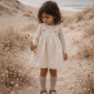 Criança com vestido bege em praia arenosa e vegetação seca