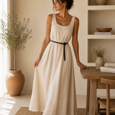 Mulher com vestido comprido bege e cinto preto posando numa sala com decoração rústica e natural