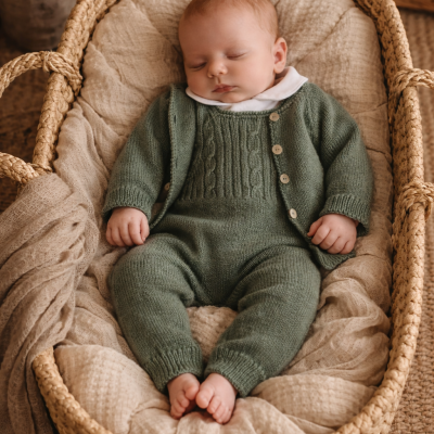 Bebé a dormir em cesta de fibras naturais com roupa verde de malha