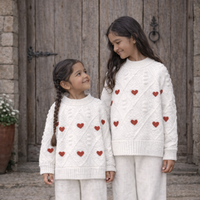 Duas meninas com roupas de malha branca com corações vermelhos à frente de uma porta de madeira