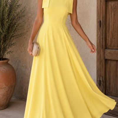 Mulher com vestido longo amarelo e sandálias nude segurando clutch de palha