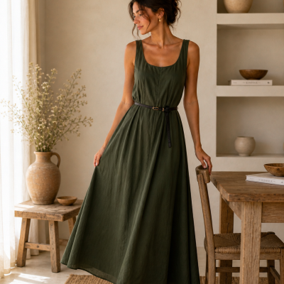 Mulher a usar vestido verde-escuro comprido com cinto preto, sandálias douradas, em ambiente rústico com móveis de madeira